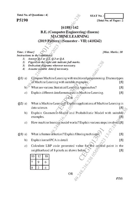 Machine Learning (410242) Insem Question Paper 2023 - Studocu