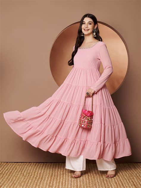 Poshak Hub Women Peach Georgette Hand Embroidery Tiered Anarkali Kurta ...