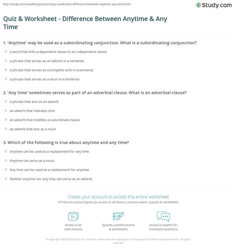 Quiz & Worksheet - Difference Between Anytime & Any Time | Study.com