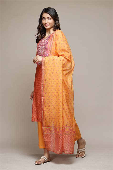 Orange Cotton Blend Straight Kurta Palazzo Suit Set