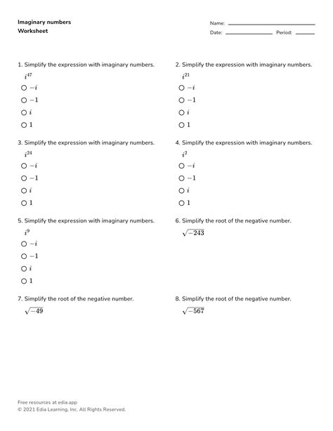 Image result for Imaginary Numbers Worksheet with Answers