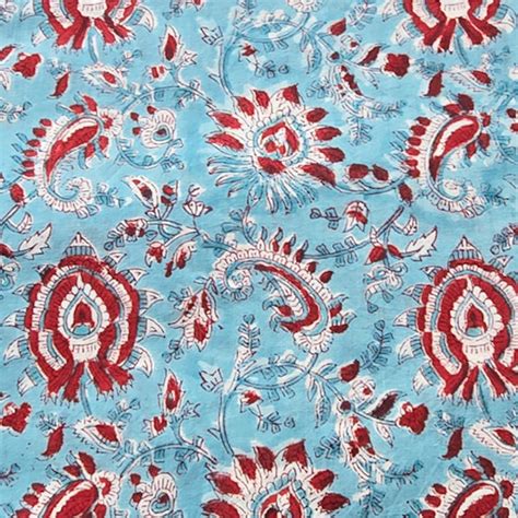 Pure Cotton Jaipuri Blue With Red Flower Jaal Hand Block Print Fabric ...