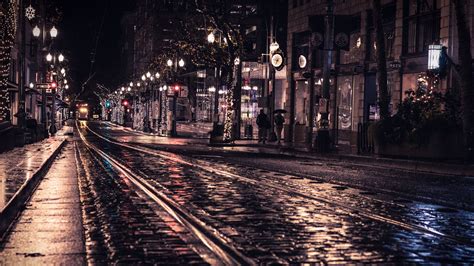 Download wallpaper 2560x1440 street, rails, tram, lights, night ...