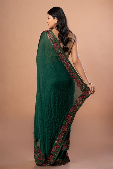 Buy Green Chiffon Saree with Floral Embroidery Online