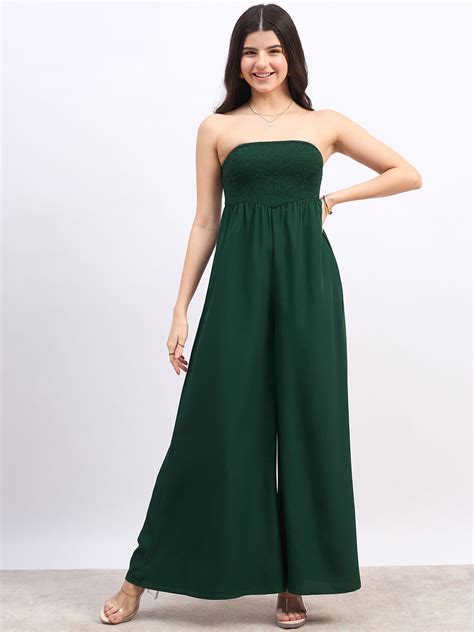 Berrylush Women Green Solid Strapless Wide Leg Basic Jumpsuit