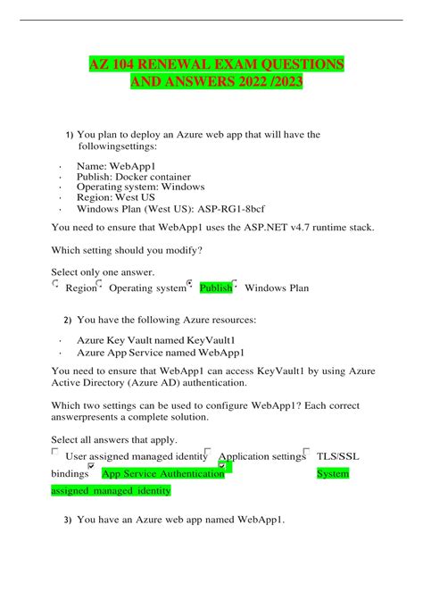 AZ 104 RENEWAL EXAM QUESTION AND ANSWER UPDATED ALL ANSWERS AVAILABLE ...
