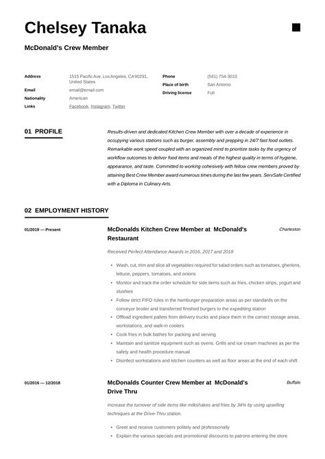 McDonalds Crew Member Resume Template | Resume examples, Job description template, Resume guide