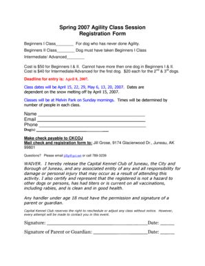 Fillable Online Spring 2007 Agility Class Session Registration Form Fax ...