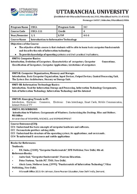 Syllabus for OBCA Courses - Introduction to IT, Digital Logic ...