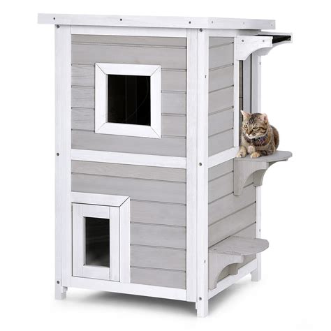 Buy Tangkula Outdoor Cat House Wooden, 2-Story Outside Cat Shelter ...