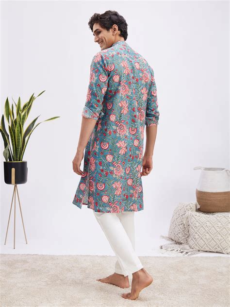 Men's Kurta Pant Set Blue Red Floral | VASTRAMAY – vastramay