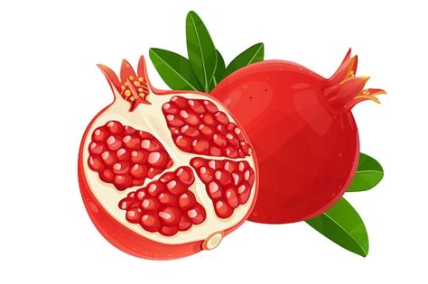 Grenade juteuse mûre. Fruit coupé avec des feuilles vertes. Fond blanc ...