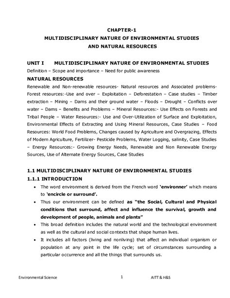 Environmental Studies Lecture notes - CHAPTER- MULTIDISCIPLINARY NATURE ...