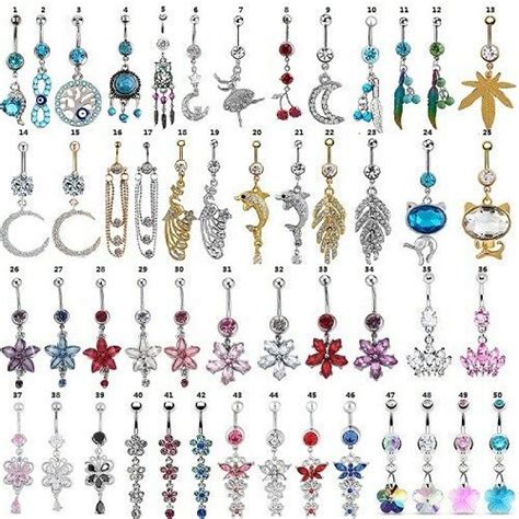 Buy 50-Styles Flower Crystal 316L Steel Dangle Navel Belly Button Ring ...