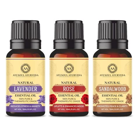 Ayusoul Ayurveda Rose, Sandalwood & Lavender Essential Oils | For Skin ...