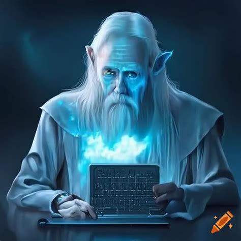 Wizard using a laptop computer on Craiyon