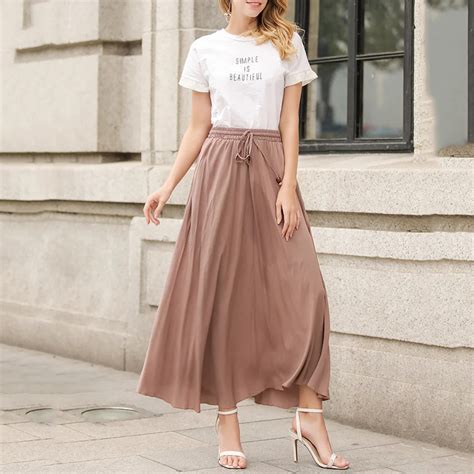 New Summer Women Maxi Skirts Boho Preppy Style Solid Color Pleated ...