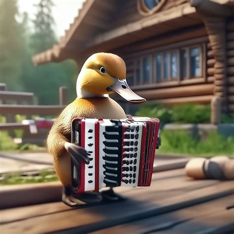 "Wild duck plays accordion on the background of a wooden house, 4k ...