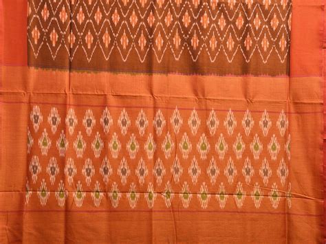 Orange Pochampally Ikat Cotton Handloom Saree with All Over Body and P ...