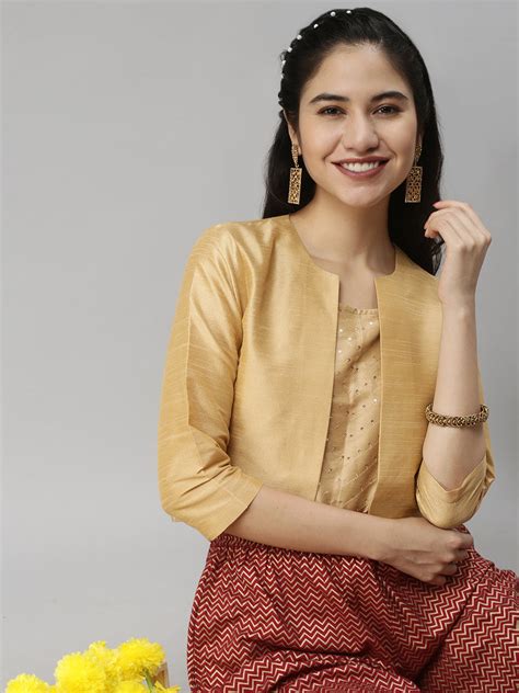 De Moza Womens Jacket Woven Top Solid Polyester Gold S