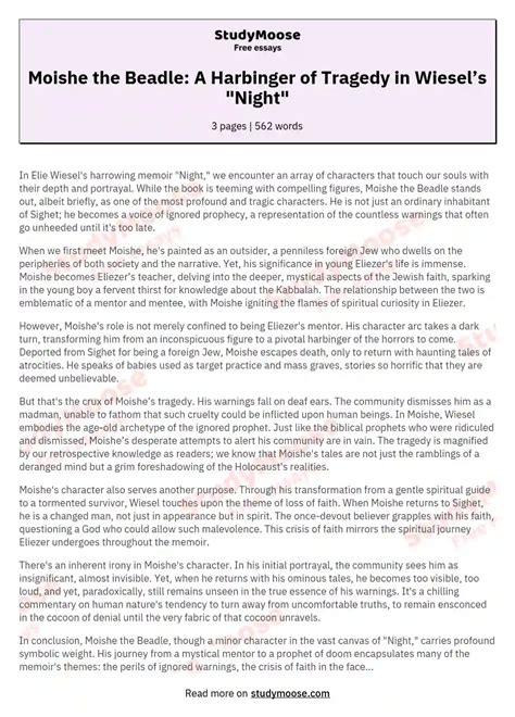 Moishe the Beadle: A Harbinger of Tragedy in Wiesel’s "Night" Free ...