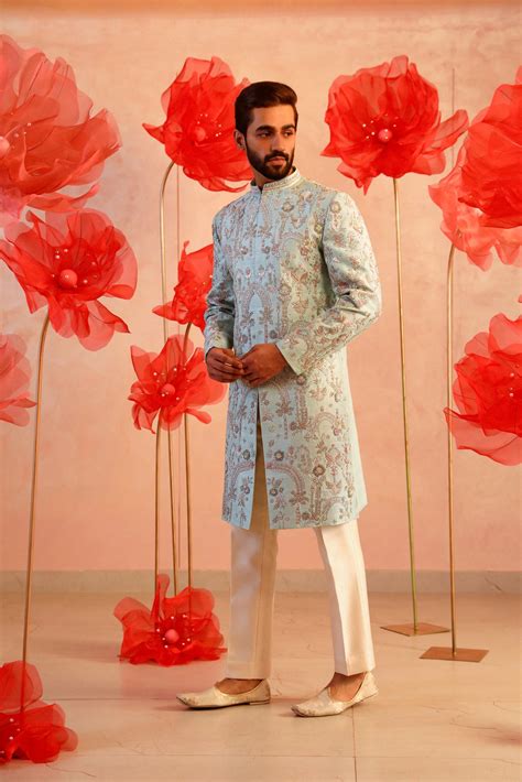 Mesmerising Ice Blue Embroidered Sherwani
