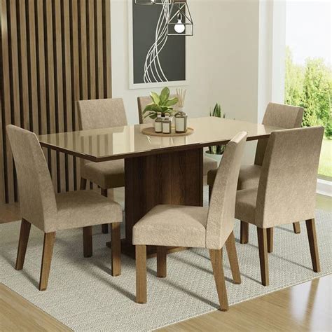 Madesa 6 Seater Dining Set Rectangular Glass Table Top Sturdy Wooden ...
