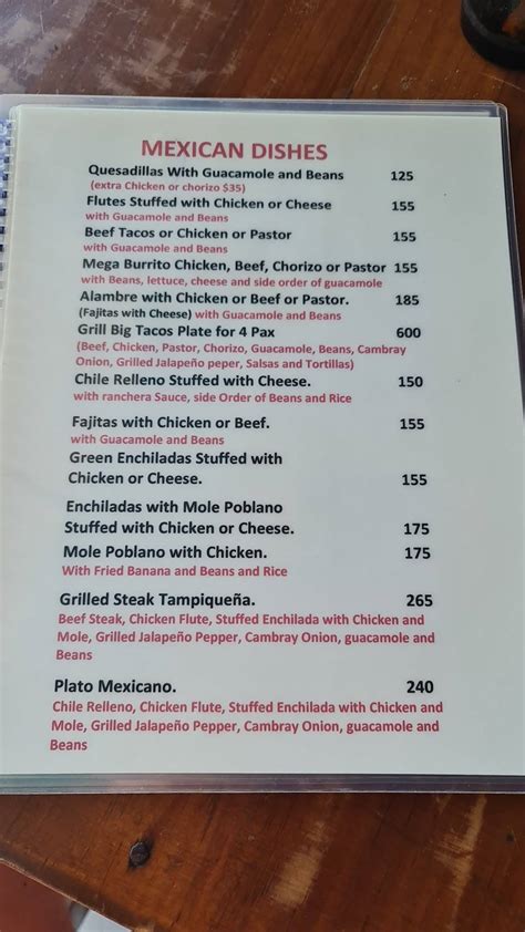 Menu at Las Margaritas Tulum restaurant, Tulum