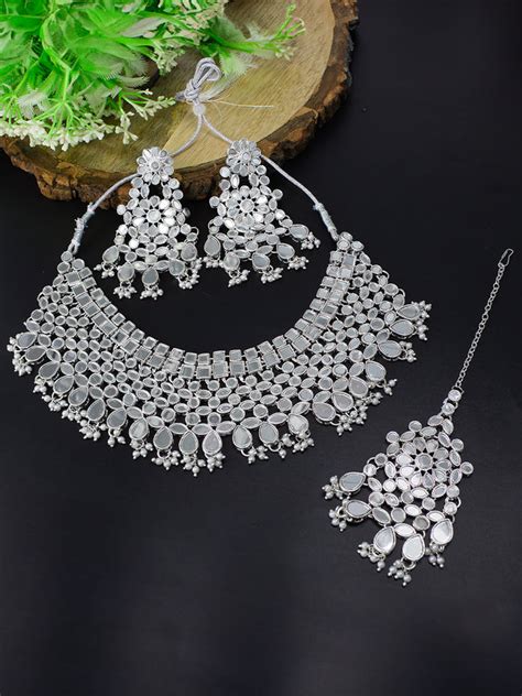 Silver-Plated Mirror-Studded & Beaded Jewellery Set With Maangtika ...