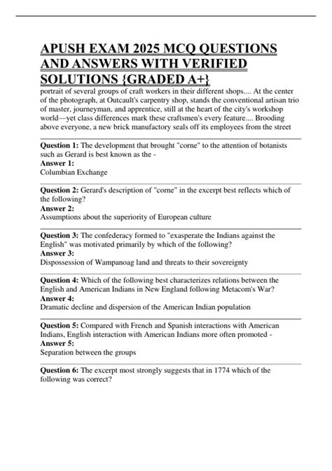 APUSH EXAM 2025 MCQ QUESTIONS AND ANSWERS WITH VERIFIED SOLUTIONS ...