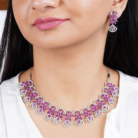 Buy Estele Rhodium Plated CZ Marquise Melody Necklace Set with Ruby ...