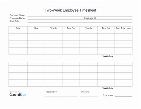 Printable Two-Week Employee Timesheet in PDF