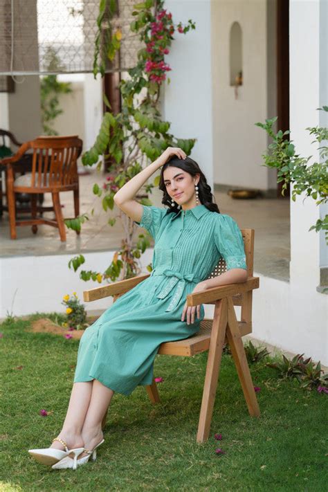 Sage Green Embroidered Cotton Shirt Dress