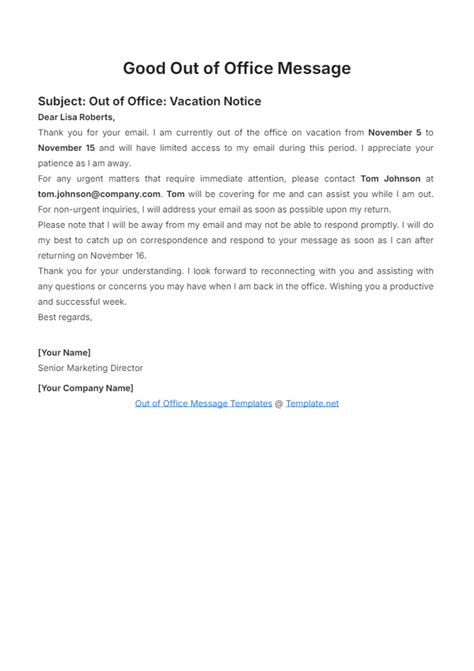 Free Out of Office Message Templates to Edit Online & Print