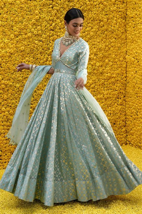 Buy Blue Banarasi Chanderi Woven Floral V Neck Heer Anarkali Set For ...