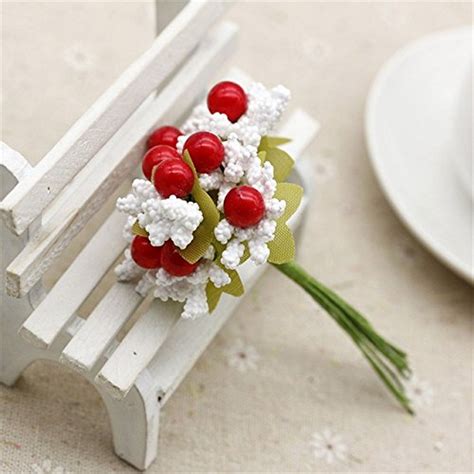 Buy Red and white : 10 pcs Silk Mousse Stamen Main Berry Artificial ...