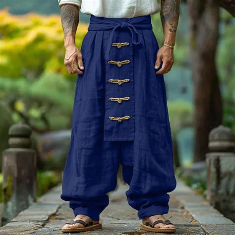 Men's Linen Pants Trousers Summer Pants Baggy Pants Buttons Drawstring ...