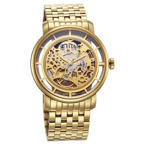Buy Online Titan Mechanical Slimline Golden Dial Golden Stainless Steel ...