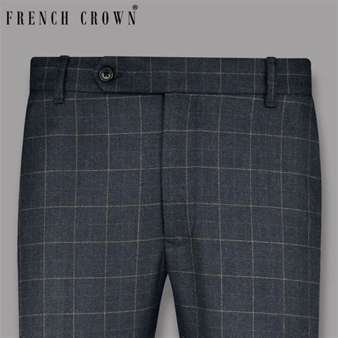Charcoal With Thin Yellow Checks-Plaid Regular Fit Wool-Blend Pants For Men