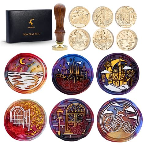 Wax Seal Stamp Kits, 6 pcs Wax Stamp Metal Head & 1 Wooden Handle, 6 ...
