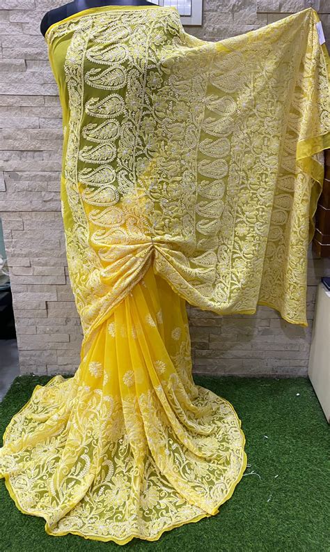 Pure Chiffon Georgette Chikankari Half Jaal Work Hand Embroidery Saree ...