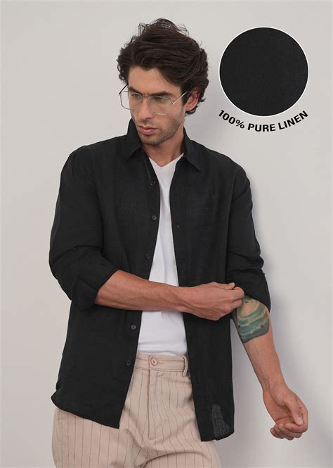 100% Pure Linen Black Plain Shirt