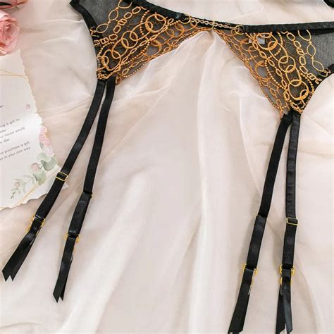 Midnight Mood Gold Embroidered Three Piece Lingerie Set – mhythbrand