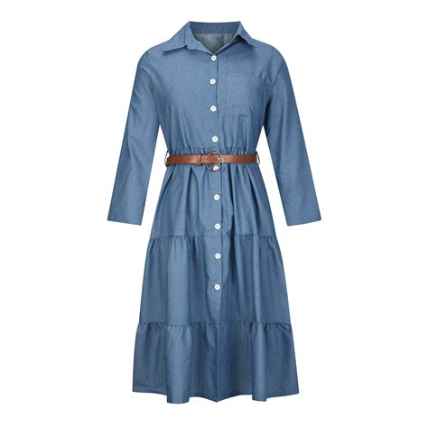 Denim Shirt Dress for Women Summer Fashion Long Sleeve Belted Slim Fit ...