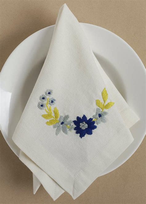 Get Off White with Blue Floral Hand Embroidered Cotton Table Napkin ...