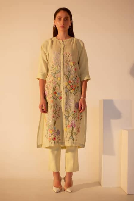 Buy Yellow Glint Linen Woven Stripe Floral Embroidered High Low Kurta ...