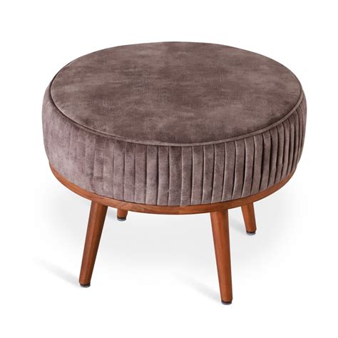 Zoya - Teakwood Round Ottoman with Brown Fabric | Alankaram