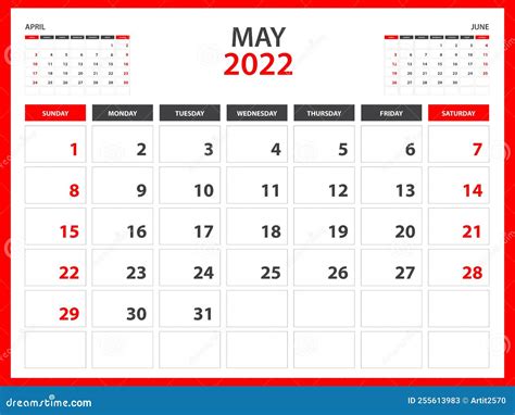 Monthly Calendar Template for 2022 Year - May 2022 Year, Week Starts on Sunday, Desk Calendar ...