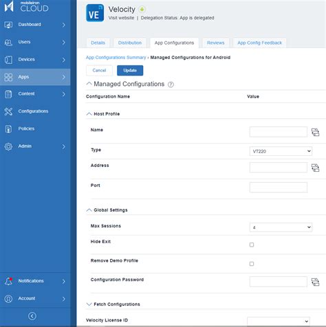 Distributing Velocity profile basic settings & Fetch configuration settings using MobileIron MDM