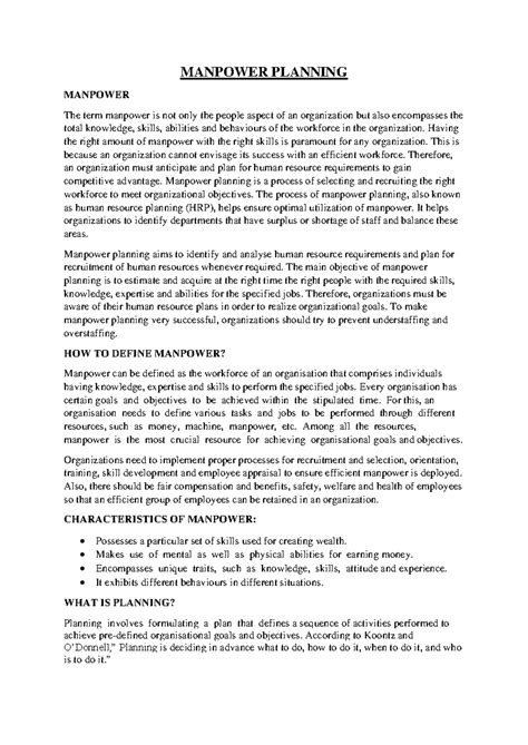 Manpower Planning Lecture Notes - Overview and Key Processes - Studocu